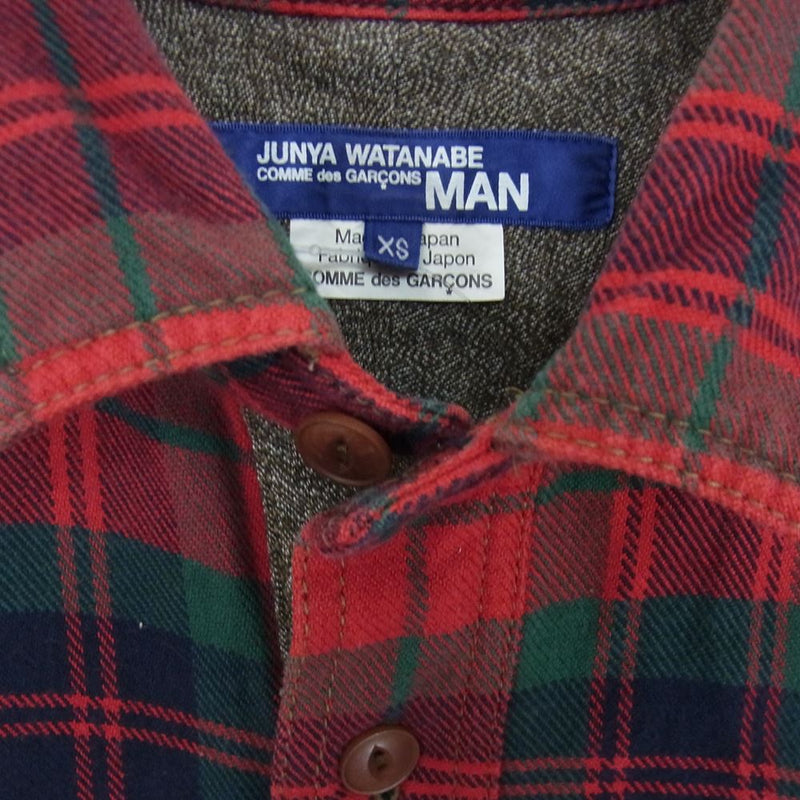 JUNYA WATANABE COMME des GARCONS MAN ジュンヤワタナベコムデギャルソンマン AD2014 WN-B031 異素材  切替 エルボーパッチ チェック シャツ レッド レッド系 XS【中古】