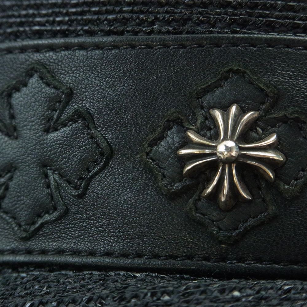 CHROME HEARTS クロムハーツ(原本無) ストロー フェドラ ハット オーバルクロス CHプラス レザークロスパッチリボン 帽子 ブラック系 S【中古】