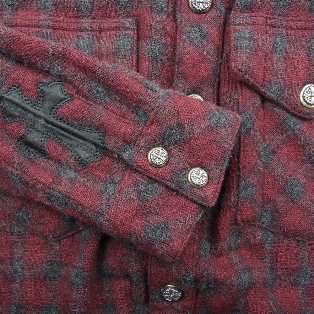 CHROME HEARTS クロムハーツ(原本無) 2211-304-4891 国内正規品 GAUZE SHIRT フローラルボタン レザークロスパッチ付き レーヨンウールガーゼ チェック 長袖 ウエスタン シャツ ワインレッド系【中古】