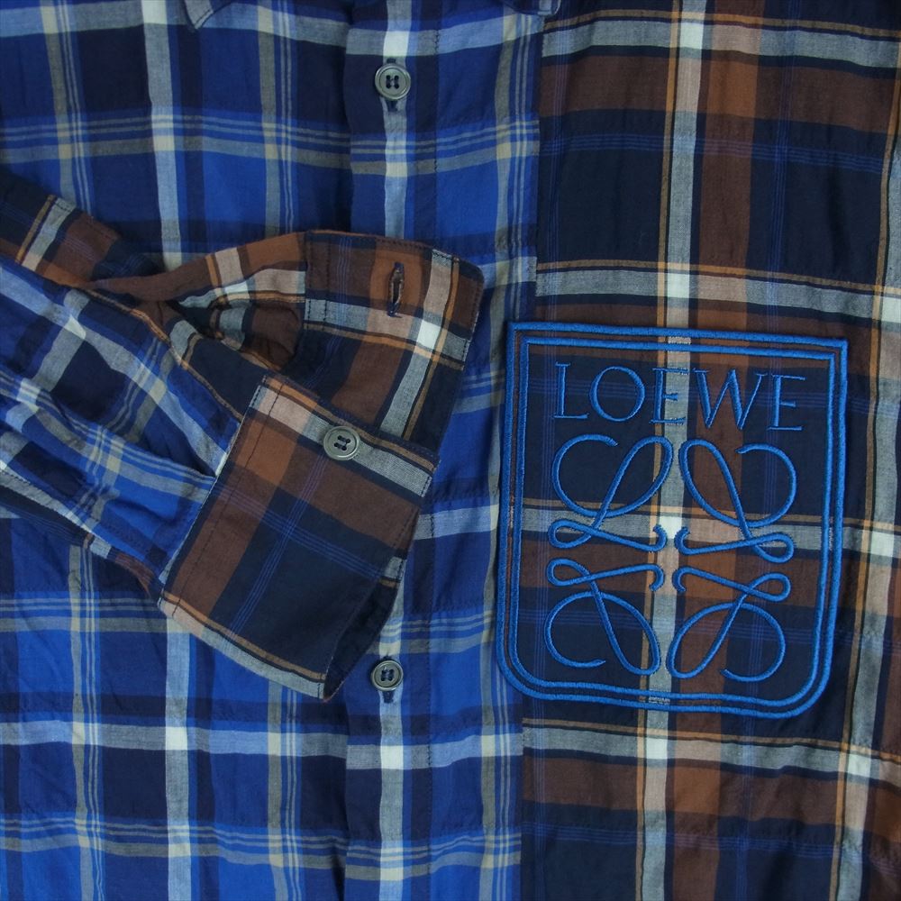 LOEWE ロエベ 22SS H526Y05W63 ポケット刺繍 パッチワーク チェック 長袖 シャツ イタリア製 ブルー系 39【中古】