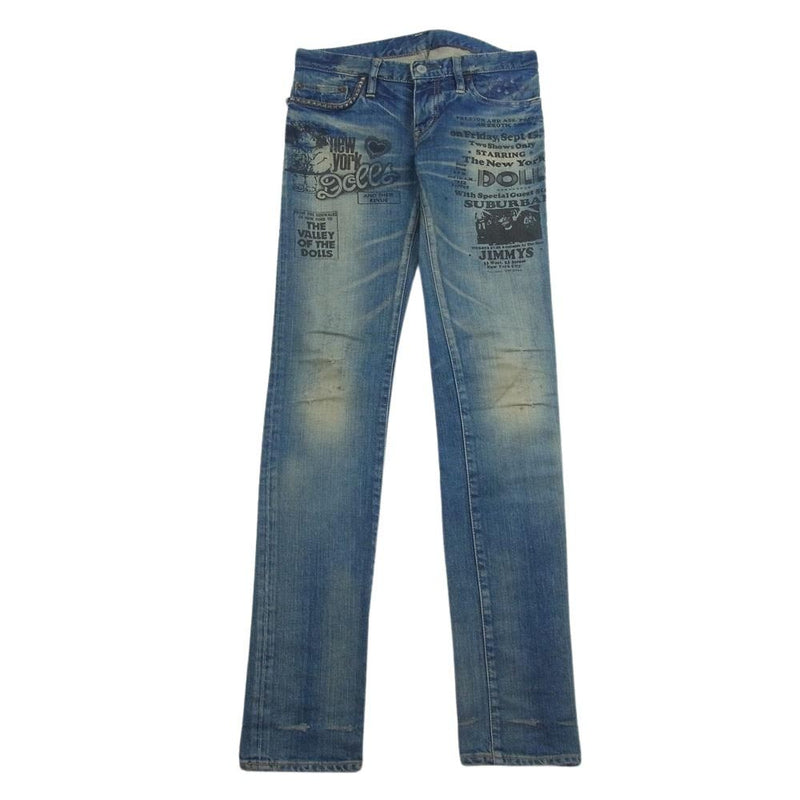 HYSTERIC GLAMOUR ヒステリックグラマー JEANS THE NEWYORK 英字プリント スタッズ 5ポケット スキニー デニムパンツ  ジーンズ インディゴブルー系 XS【中古】