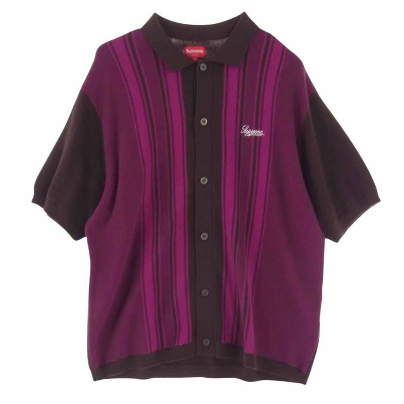 Supreme シュプリーム 22SS Stripe Button Up Polo ストライプ ボタン アップ ニット 半袖 ポロシャツ パープル系  L【極上美品】【中古】