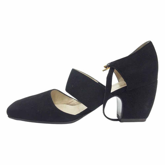 CHANEL シャネル スクエアトゥ ストラップ スエード パンプス サンダル CHANEL ロゴ バックル ブラック系 36.5【中古】