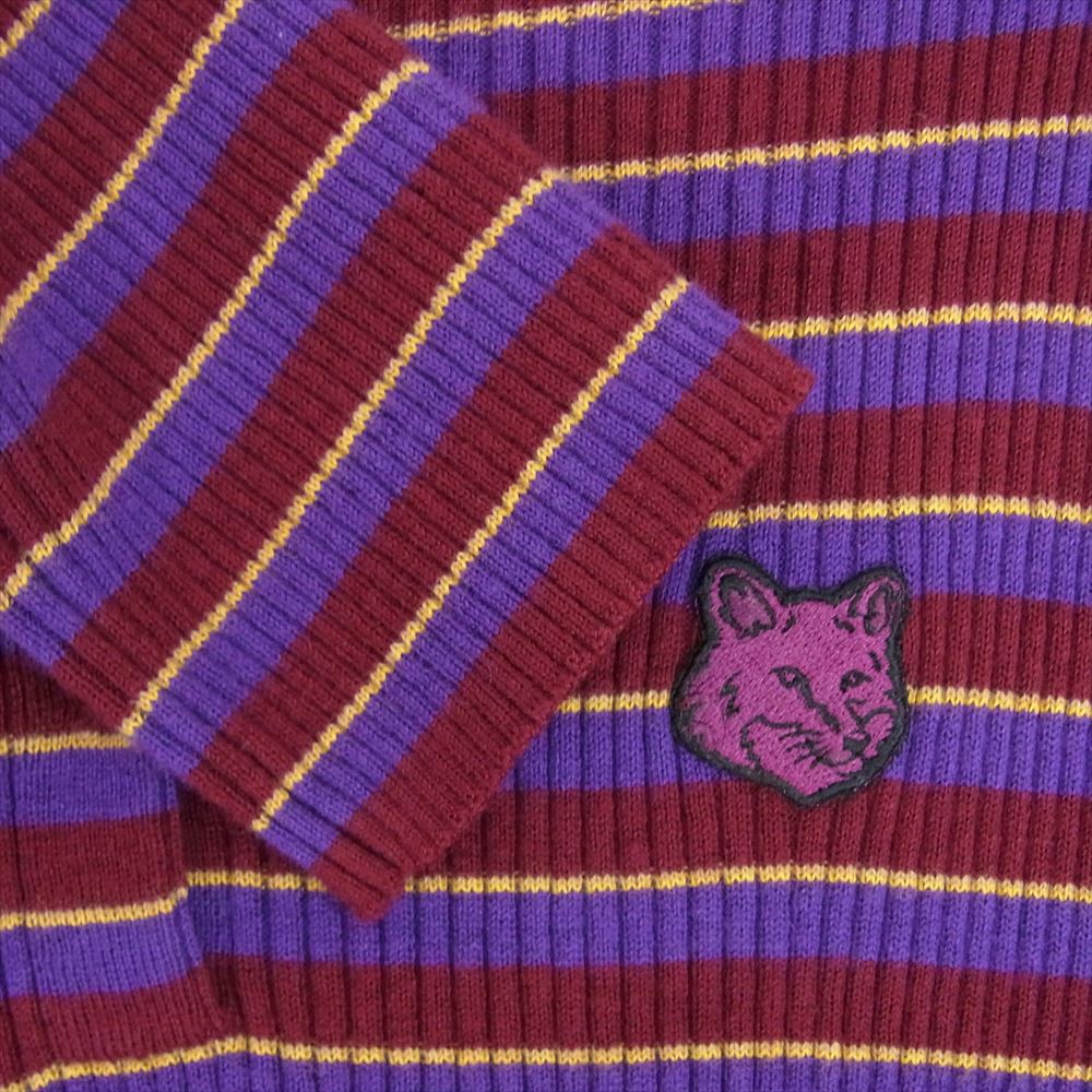 MAISON KITSUNE メゾンキツネ LW01601KT1091 BOLD FOX HEAD PATCH FINE RIBBED DRESS ボールド フォックス ヘッド パッチ ファイン リブ ドレスストライプ ドレス 長袖 ワンピース エンジ系 S【中古】