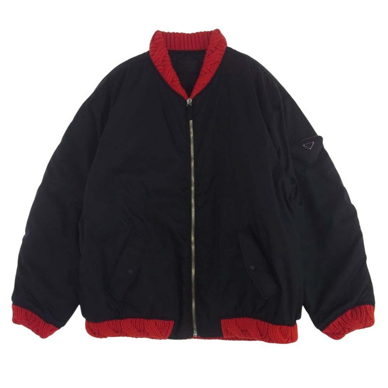 PRADA プラダ 22AW ACU1 2022 1867 Re-Nylon 三角プレート付き ラフシモンズ期 リサイクル ナイロン ニット レイヤー  ボンバージャケット ブラック系 XL【美品】【中古】