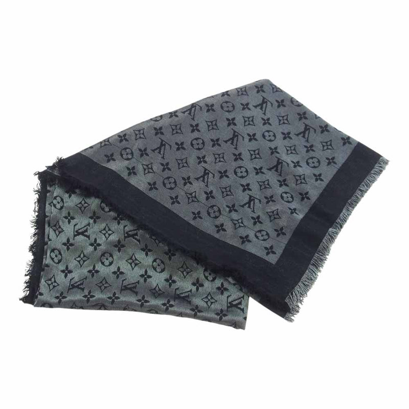 ルイヴィトン 大判 ショール ストール シルク 黒×シルバー系 401910 ルイ・ヴィトン大判ショールモノグラム401910