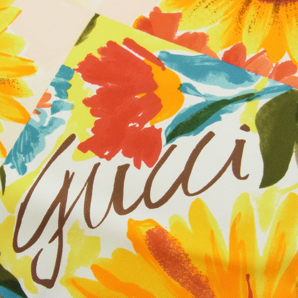 GUCCI グッチ シルク100% ヒマワリ 薔薇 バラ フラワー 花柄 スカーフ オレンジ オレンジ系【中古】