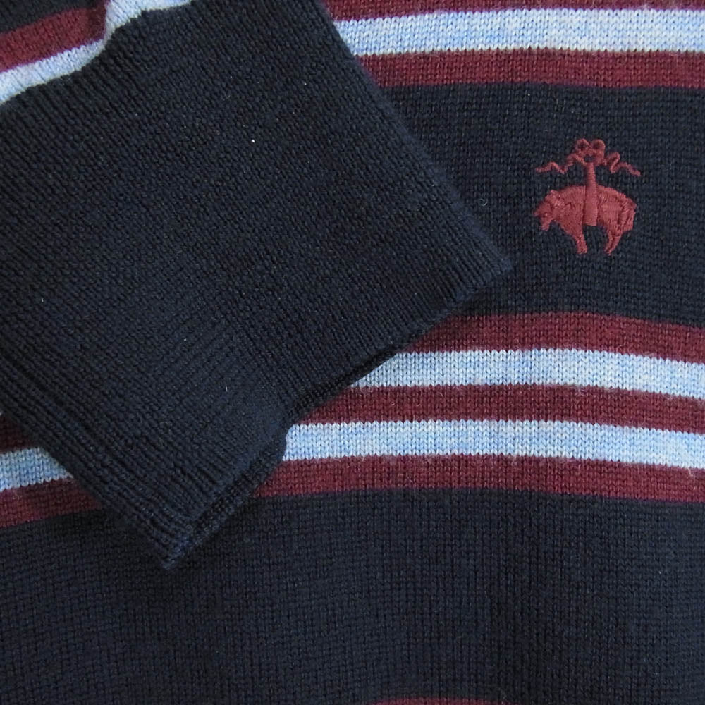 Brooks Brothers ブルックスブラザーズ エクストラファインメリノウール Vネック エンブロイダリー ワンポイント刺繍 ボーダー ニット セーター プルオーバー ネイビー系 L【中古】