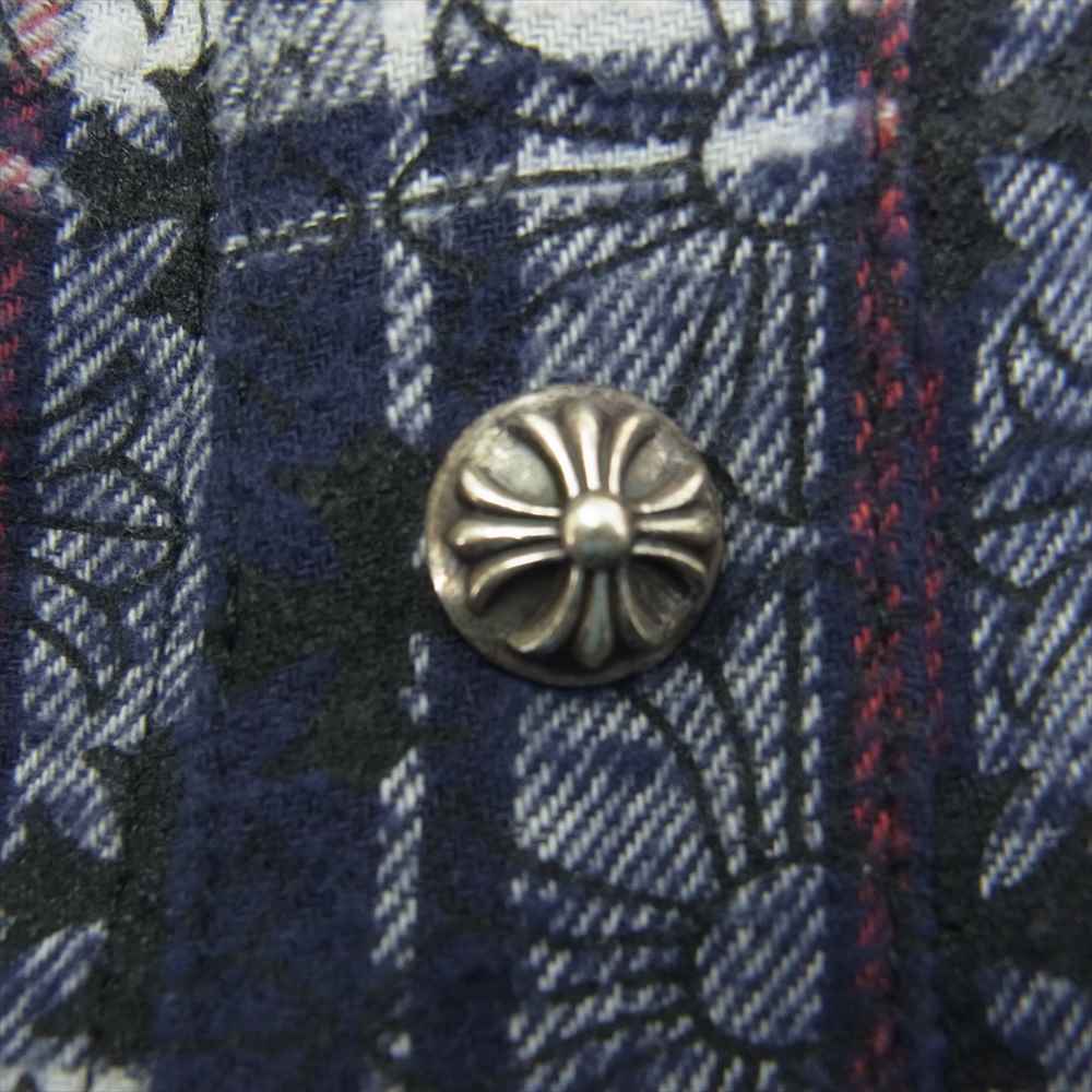 CHROME HEARTS クロムハーツ(原本無) LOOSEENDS LS CHECK CHプラス総柄 ルーズエンド クロスボタン クロスパッチ チェック フランネル 長袖シャツ ネイビー系 S【中古】