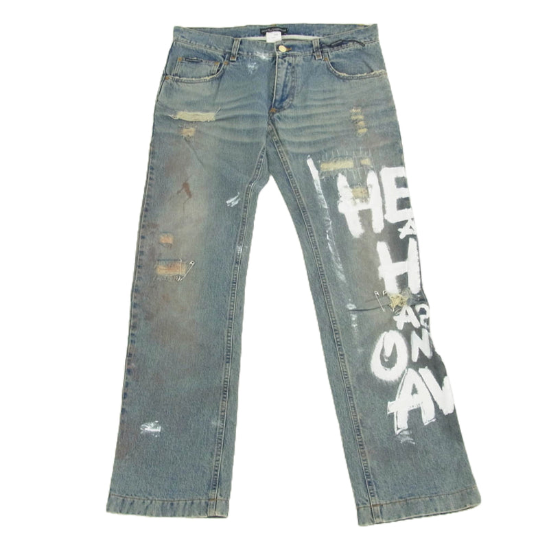 DOLCE&GABBANA ドルチェアンドガッバーナ 9466 01AW Archive アーカイブ GRAFFITI JEANS HEAVEN  AND HELL ARE JUST ONE BREATH AWAY ANDY WARHOL 安全ピン装飾 グラフィティ ダメージ デニムパンツ ...