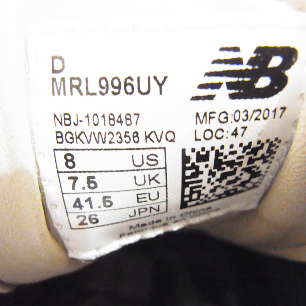 NEW BALANCE ニューバランス MRL996UY BEAUTY & YOUTH ビューティー&ユース ユナイテッドアローズ 別注 カラー 996 スエード ローカット スニーカー グレー系 26cm【中古】
