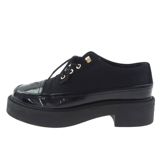 CHANEL シャネル 0095-1 【難有】パテント使い レースアップ シューズ ブラック系 38【中古】