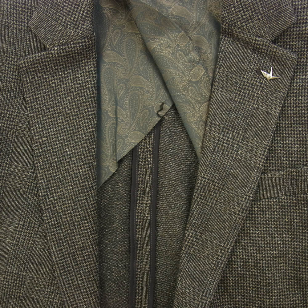 1piu1uguale3 ウノピュウノウグァーレトレ MRB639 WCT009 CRAZY RIB JKT BROWN CHECK CHIDORI 折り鶴ピンバッジ付き クレイジー リブ ジャケット ブラウンチェック 千鳥 ブラウン系 サイズ表記不明【中古】