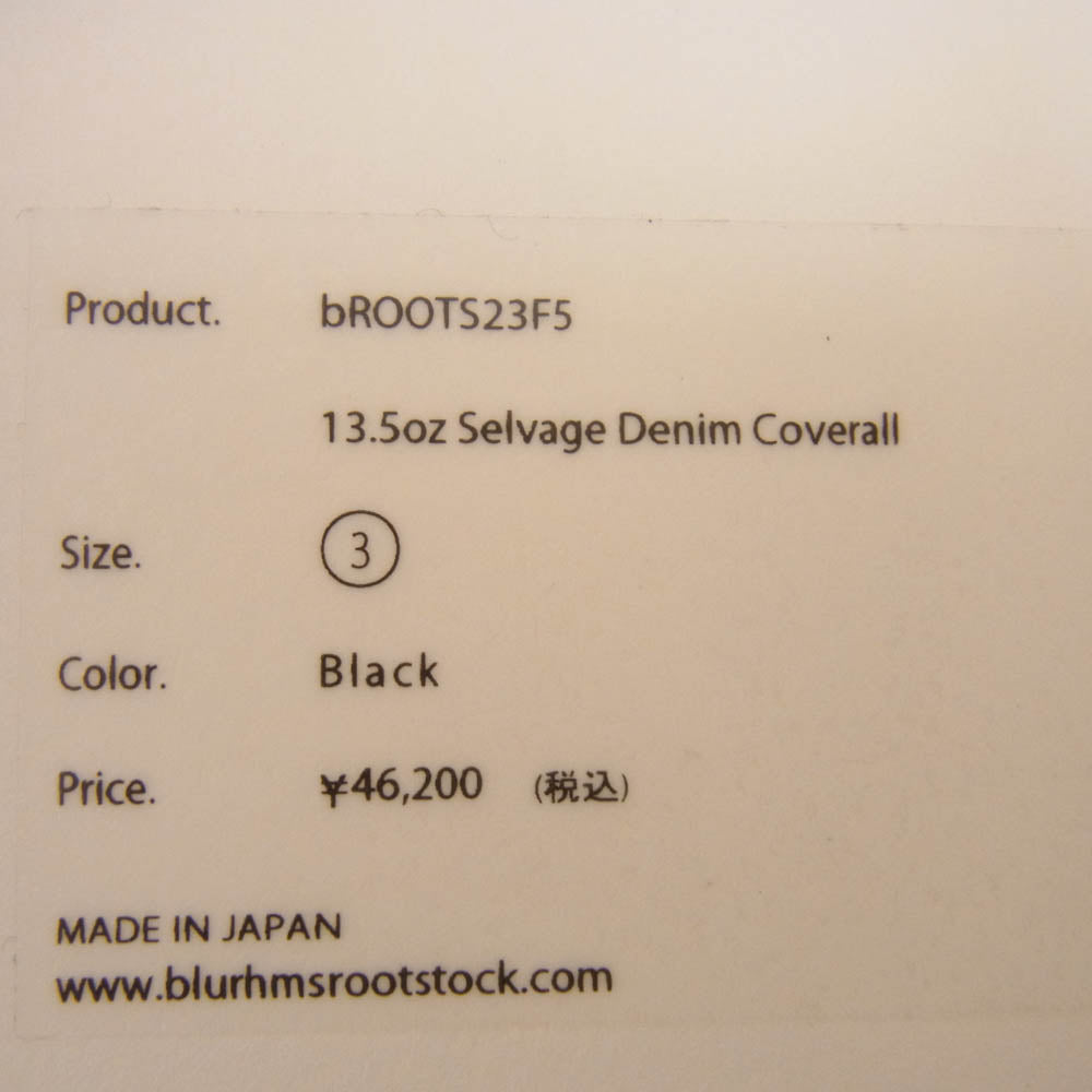 blurhms ROOTSTOCK ブラームスルーツストック bROOTS523F5 13.5oz Selvage Denim Coverall セルビッチ デニム カバーオール ブラック系 3【極上美品】【中古】