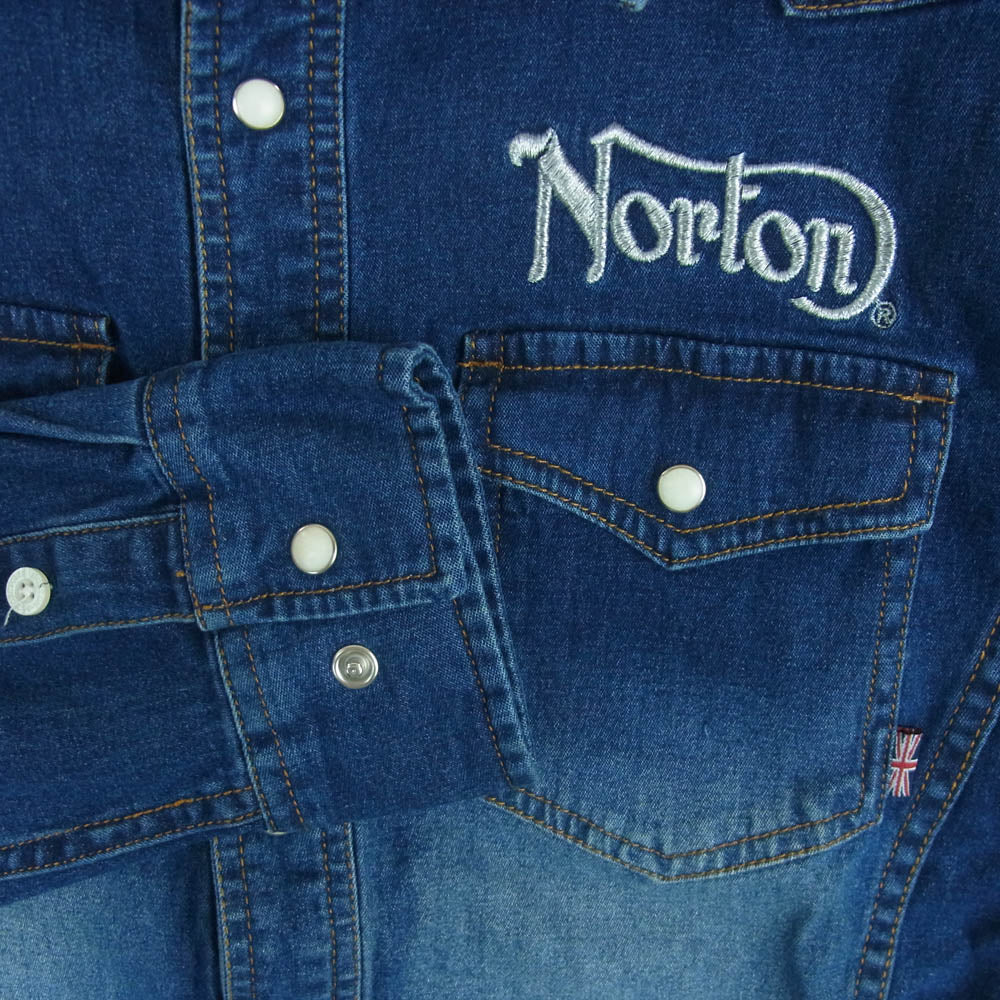 NORTON ノートン 71N1500 ラメ 刺繍 ストレッチ 長袖 デニム ウエスタン シャツ インディゴブルー系 L【美品】【中古】