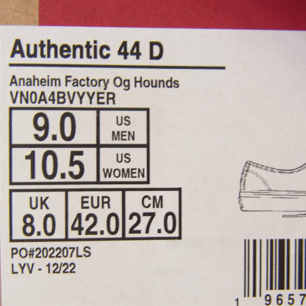 VANS バンズ VN0A4BVYYER Anaheim Factory Authentic 44 Dx Og Hounds アナハイム ファクトリー オーセンティック スニーカー ブラック系 ホワイト系 27cm【美品】【中古】