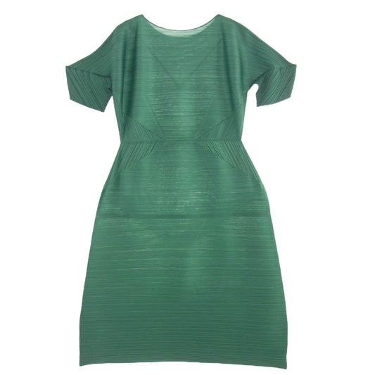 PLEATS PLEASE プリーツプリーズ イッセイミヤケ PP41JH464 プリーツ加工 CHILI PEPPERS DRESS 横プリーツ 変形 ロング ワンピース 半袖 グリーン系【中古】