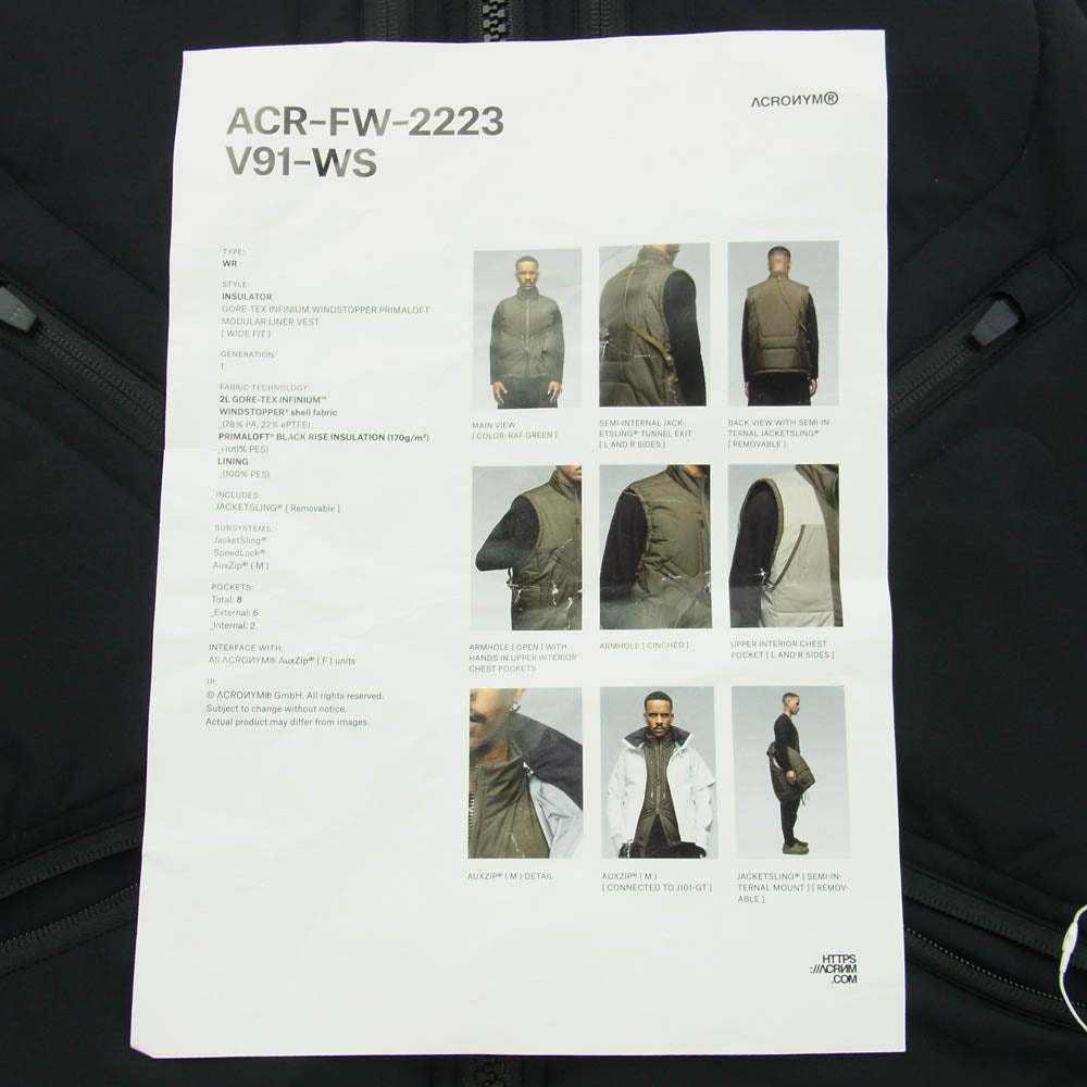 ACRONYM アクロニウム 22-23AW V91-WS GORE-TEX INFINIUM WINDSTOPPER PRIMALOFT MODULAR LINER VEST GTX ゴアテックス ウィンドストッパー プリマロフト ライナー ベスト ブラック系 S【極上美品】【中古】