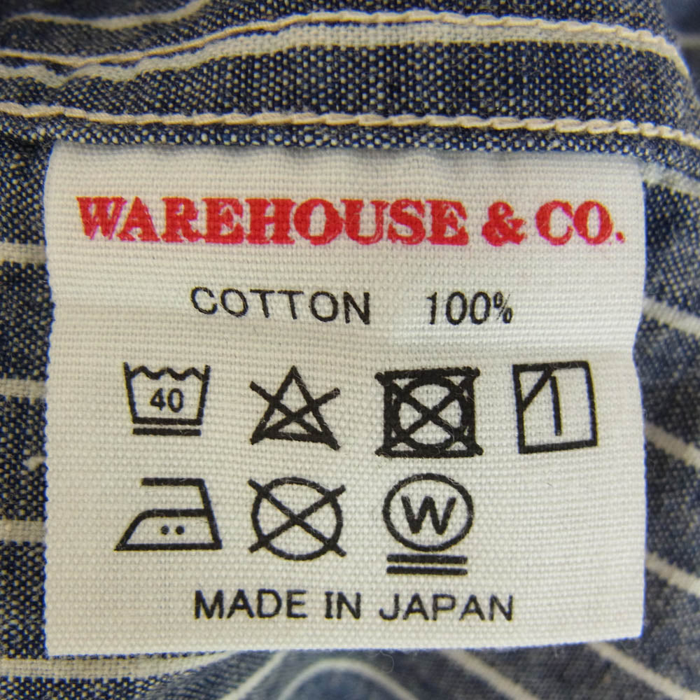 WAREHOUSE ウエアハウス 3091 OPEN COLLAR SHIRTS オープンカラー シャンブレー デニム 山形ポケット シャツ ブルー系 40【中古】