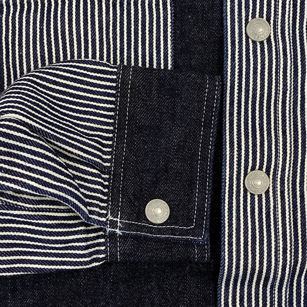 KOJIMA GENES 児島ジーンズ マルチ コンボ ワーク シャツ デニム ヒッコリー ストライプ ダークネイビー系 L【美品】【中古】