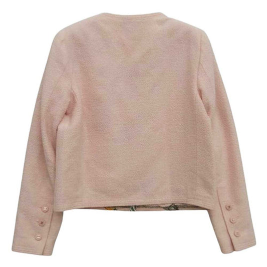 CHANEL シャネル ココマークボタン 裏地シルク ツイード ノーカラー ジャケット ピンク系 40【中古】