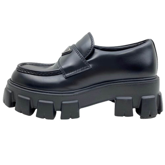 PRADA プラダ Monolith Pointy Brushed Leather Loafers トライアングルプレート ロゴ モノリス ローファー 厚底 ブラック系 6【中古】
