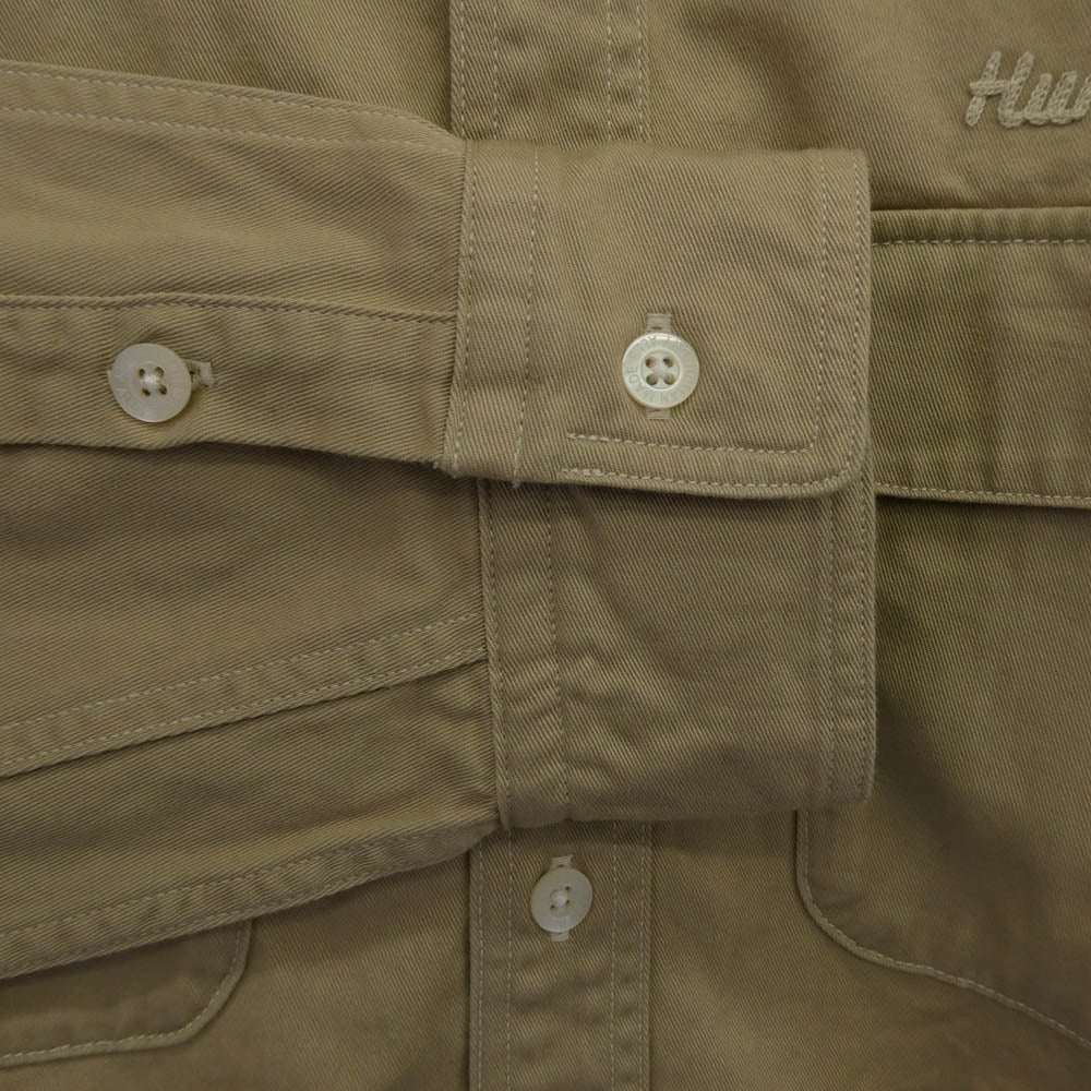 HUMAN MADE ヒューマンメイド 25AW HM30SH014 OVERSIZED SHIRT オーバーサイズ ワイドフィット 長袖 コットンツイル ワークシャツ バックプリント チェーン刺繍 ハートボタン ベージュ系 L【中古】