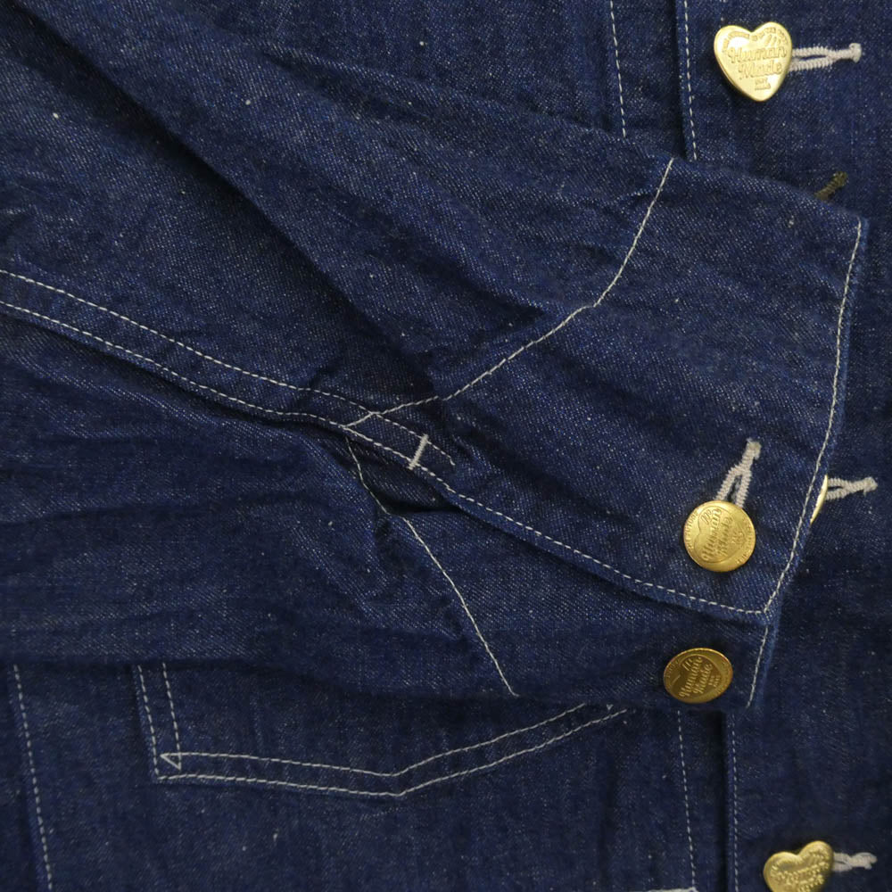 HUMAN MADE ヒューマンメイド 25SS DENIM COVERALL JACKET Indigo チェーンステッチ 刺繍 真鍮製 ハートボタン インディゴ デニム カバーオール ジャケット インディゴブルー系 L【中古】