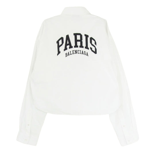 BALENCIAGA バレンシアガ 21SS 690373 TYB18 PARIS ロゴ刺繍 クロップド ボタンダウン 長袖 シャツ ホワイト系 34【中古】