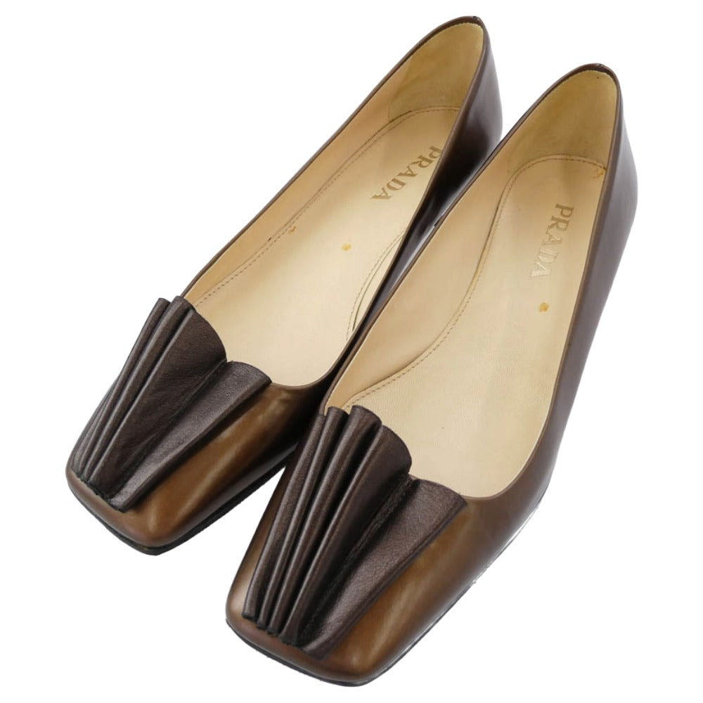 PRADA プラダ スクエアトゥ レザー パンプス ブラウン系 35【中古 