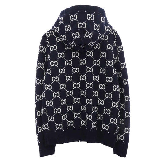 GUCCI グッチ 794935 XKD7E 2025年 Cruiseコレクション イタリア製 GGウール リバーシブル フーディ ジップ ジャケット ニットパーカー ネイビー系 XS(170/88A)【極上美品】【中古】