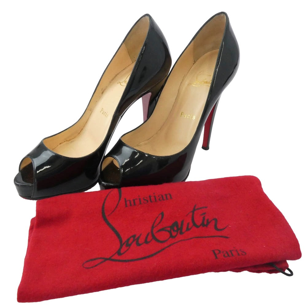 Christian Louboutin クリスチャンルブタン オープントゥ パテント ヒール パンプス ブラック系 37【中古】