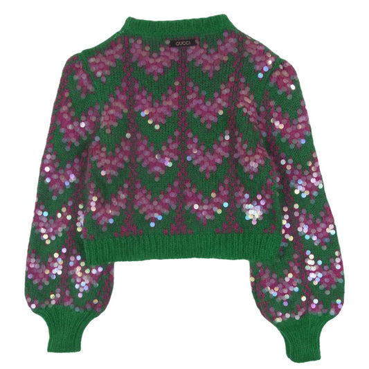 GUCCI グッチ 713233 XKCMS イタリア製 シェブロン ウール&スパンコール ニット セーター グリーン系 ピンク系 XS【極上美品】【中古】