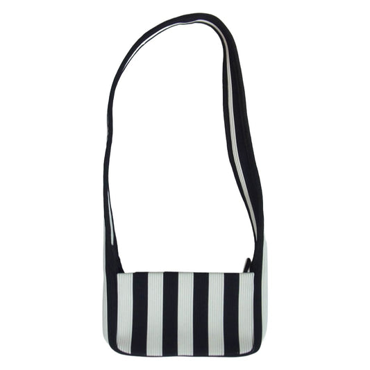 marimekko マリメッコ 94146 ニット ストライプ ロゴ刺繍 ショルダー バッグ ブラック系【美品】【中古】