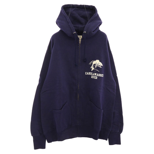 TENDERLOIN テンダーロイン T-PARKA ZIP CAHULAWASSEE RIVER フィシュ バックプリント スウェット ジップアップ パーカー フーディー ネイビー系 M【美品】【中古】