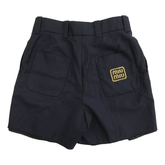 MIUMIU ミュウミュウ MP1751 23年 ロゴ ウール ショーツ ショート ハーフ パンツ ネイビー系 36【中古】