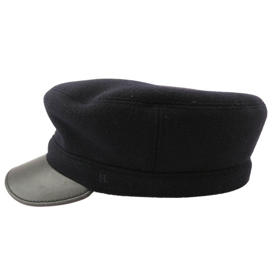 HERMES エルメス ウール ツバ部分ラムレザー切替 Hロゴ刺繍 キャスケット 帽子 ブラック系 58【中古】