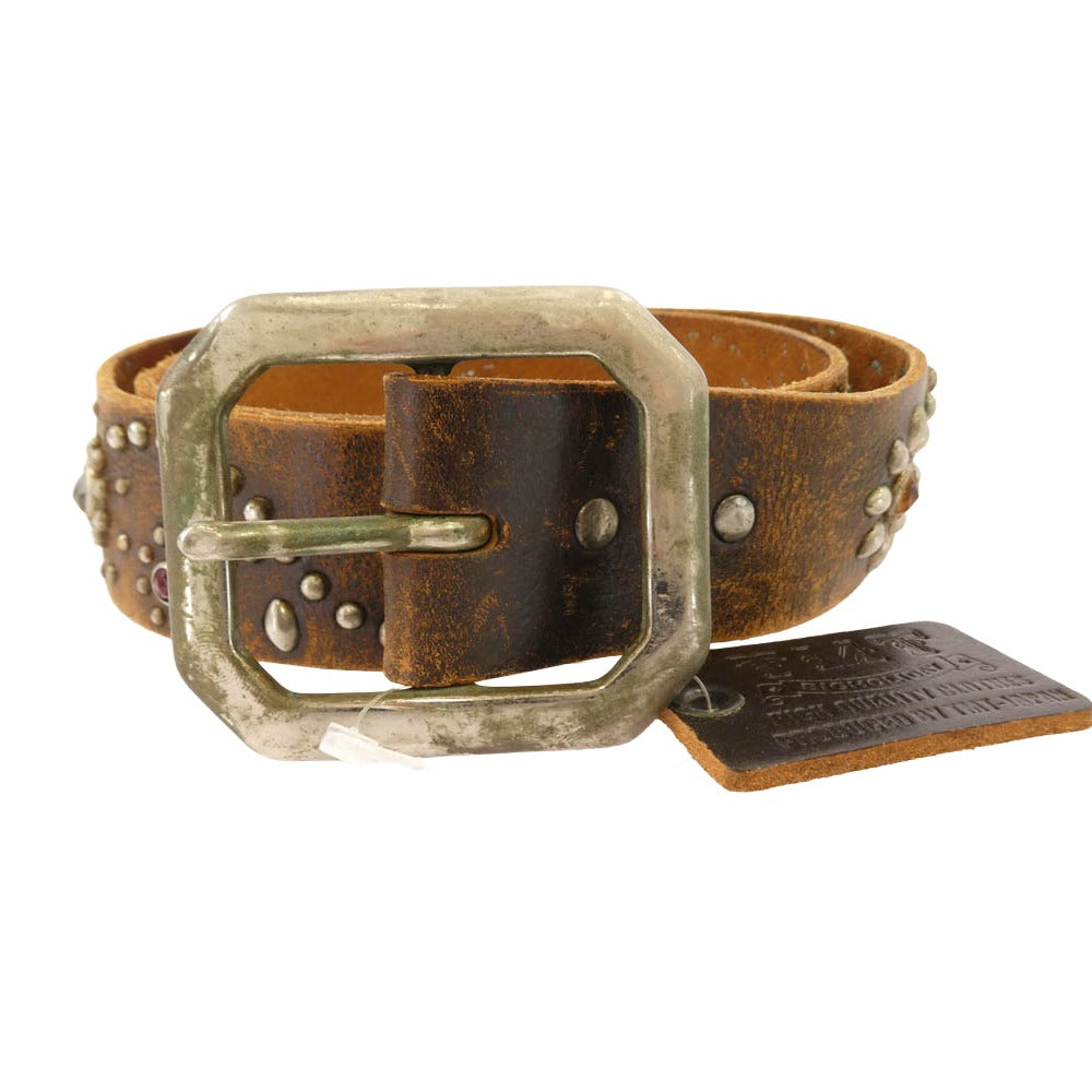 TMT ティーエムティー USA製 フラワースタッズ レザー ベルト ブラウン系 34【中古】 TMT ティーエムティー USA製 フラワースタッズ レザー ベルト ブラウン