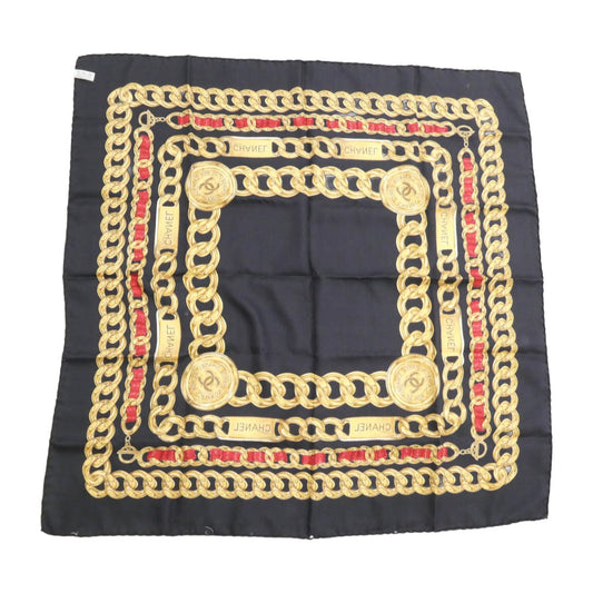 CHANEL シャネル チェーン ロゴ シルク 大判 スカーフ ダークネイビー系【中古】