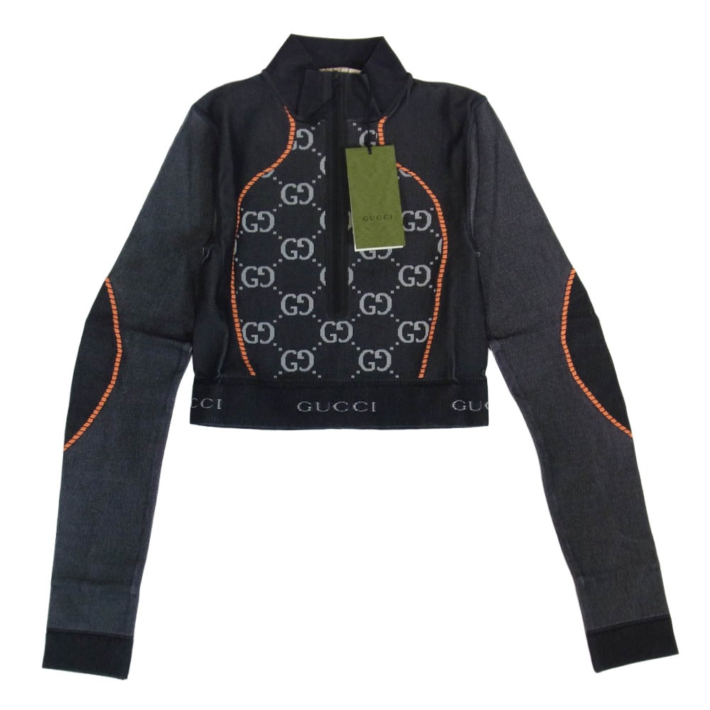 GUCCI グッチ 689201 XJEFU1117 GGジャージージャカード クロップドトップ ハーフジップ カットソー ブラック系 S【極上美品】【中古】 GUCCI グッチ 689201 XJEFU1117 GGジャージージャカード クロップド