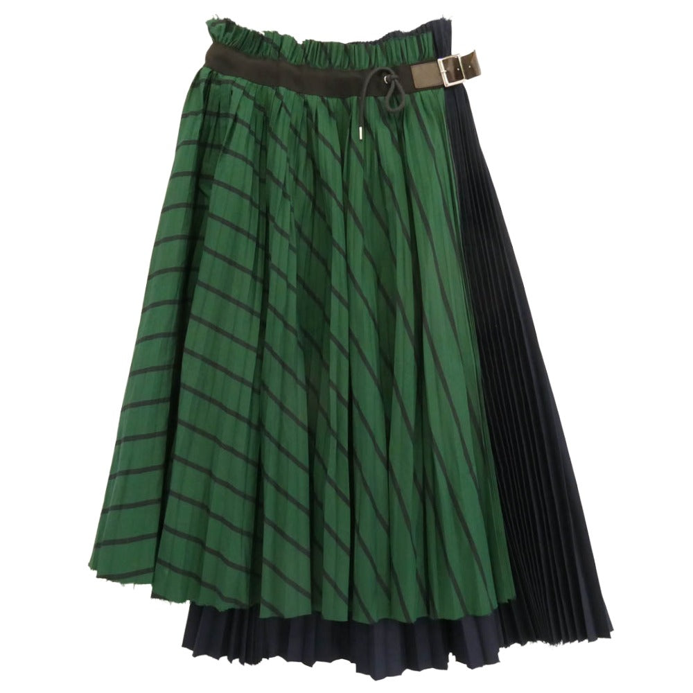 【美品】サカイ　sacai ダークネイビーandグリーン　フレア巻きスカート Sacai サカイ 19-04302 Stripe Shirting Skirt プリーツ加工 切替