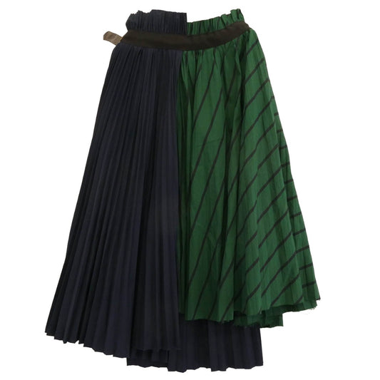 Sacai サカイ 19-04302 Stripe Shirting Skirt プリーツ加工 切替 ストライプ ラップスカート ネイビー系 グリーン系 3【中古】