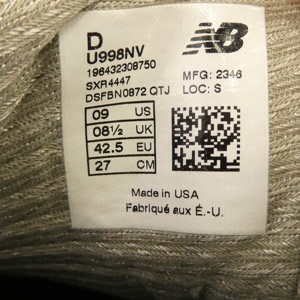 NEW BALANCE ニューバランス u998nv 998nv made in USA ABZORB USA製 アブゾーブ ソール ネイビー系 27.0cm【中古】