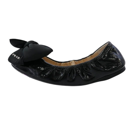 PRADA プラダ 3F5455 ロゴパファーリボン パンプス バレエ シューズ ブラック系 35.5【中古】