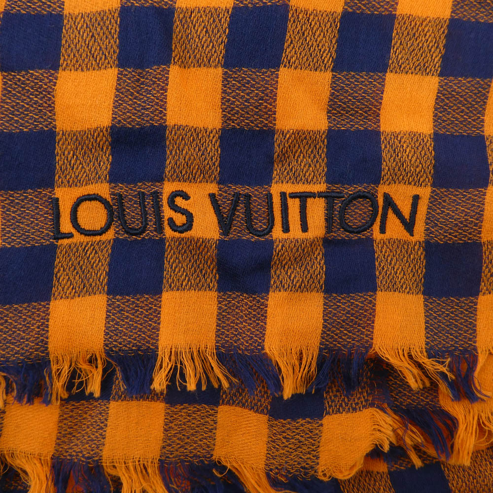 LOUIS VUITTON ルイ・ヴィトン ロゴ刺繍 エトール マサイチェック コットン ストール オレンジ系【中古】