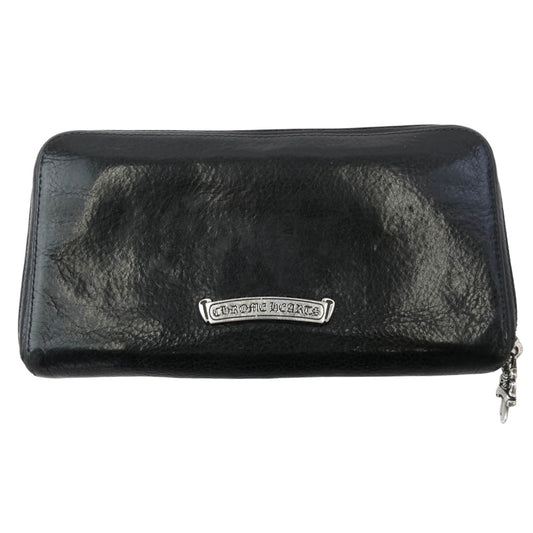 CHROME HEARTS クロムハーツ(原本無) REC F ZIP ゼロピラミッドスタッズコーナー ラウンドジップ レザー ウォレット 財布 ブラック系 シルバー系【中古】