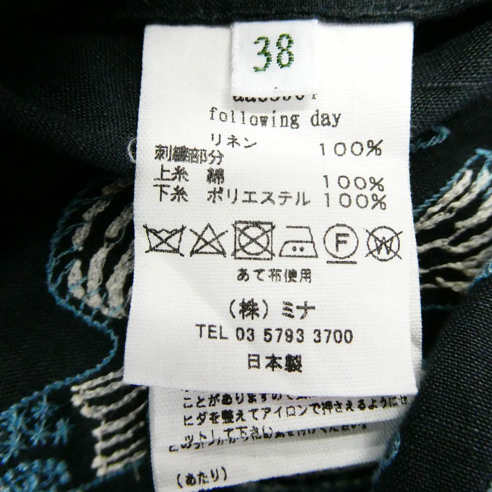 mina perhonen ミナペルホネン aas3904 following day フォローイングデイ リネン刺繍ドレスワンピース ブルー系 38【中古】