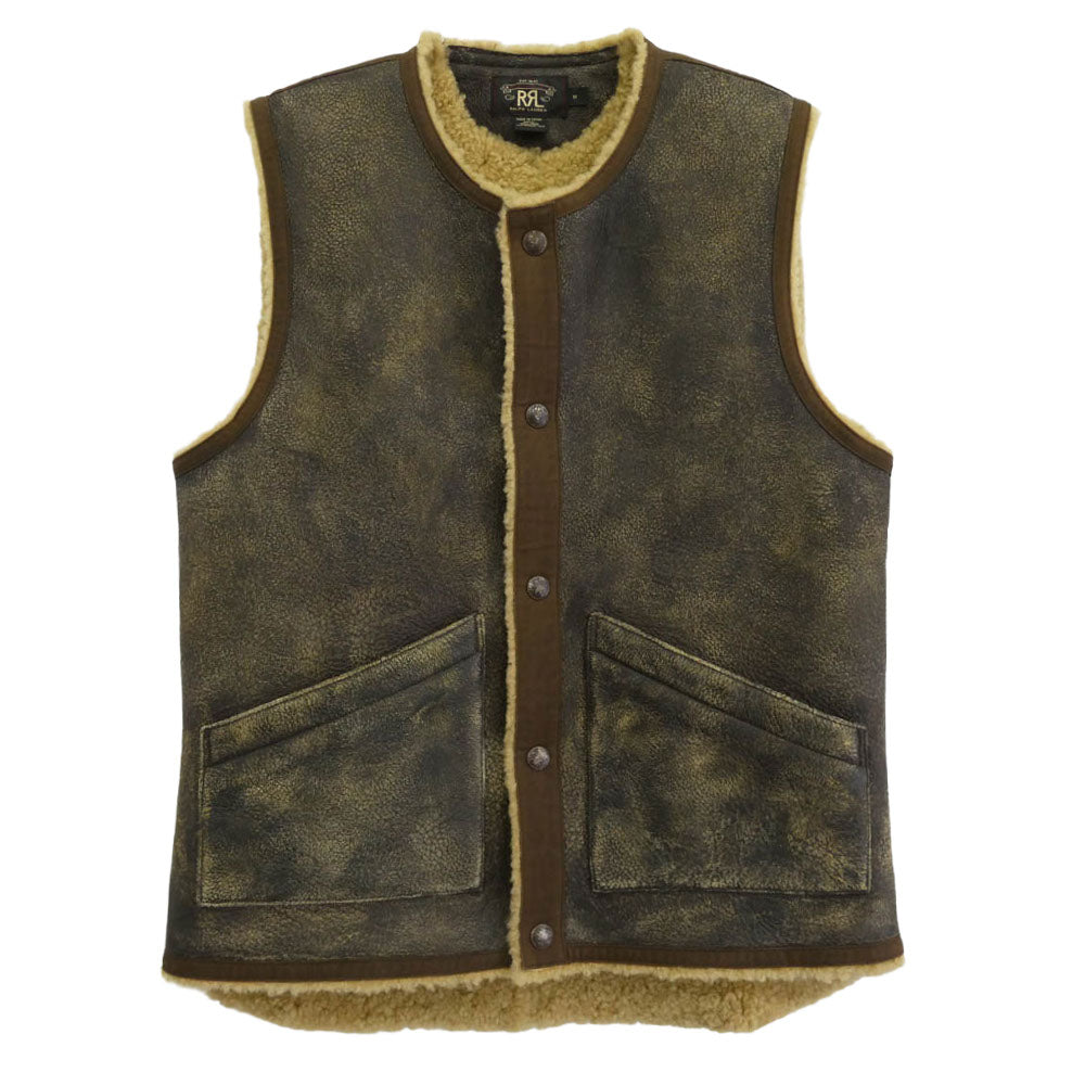 RRL ダブルアールエル Shearing Mouton Vest ヴィンテージ加工 ムートン ベスト ブラウン系 M【美品】【中古】 RRL ダブルアールエル Shearing Mouton Vest ヴィンテージ加工