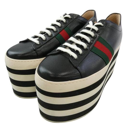 GUCCI グッチ 17SS 452312 Wmns Peggy Platform ペギー プラットフォーム シェリーライン 厚底 レザー スニーカー ブラック系 39【中古】