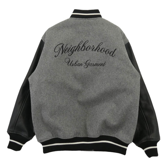 NEIGHBORHOOD ネイバーフッド 25AW 252SZNH-JKM03 Stadium Jacket ロゴ刺繍 袖レザー切替 スタジアム ジャケット スタジャン グレー系 ブラック系 S【美品】【中古】